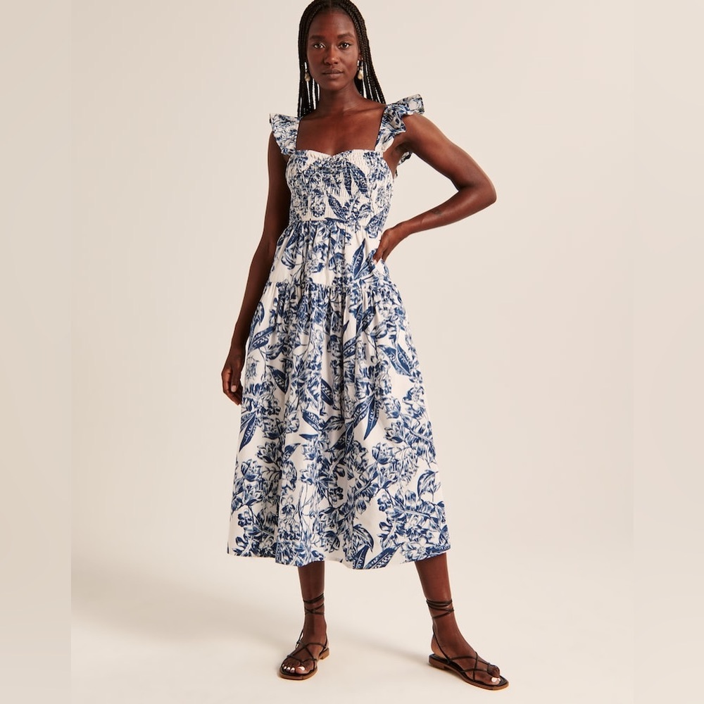 Ruffle Strap Smocked Midi Dress - Blue Floral